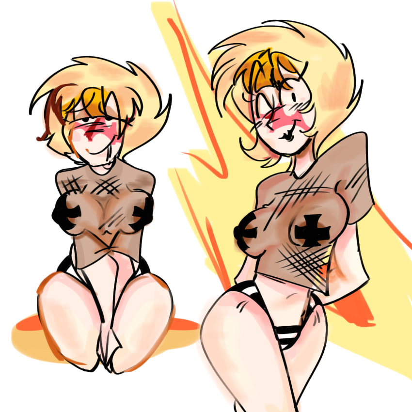 blonde_hair breasts breasts exorcist_(hazbin_hotel) hazbin_hotel nipples_visible_through_clothing oc tape