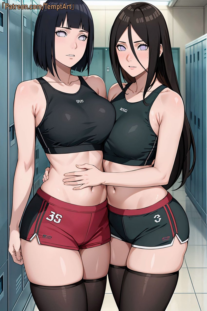 2girls ai_generated big_breasts boruto:_naruto_next_generations clothed female_only hand_around_waist hyuuga_hanabi hyuuga_hinata naruto naruto_(series) shorts sisters temptart tight_clothing