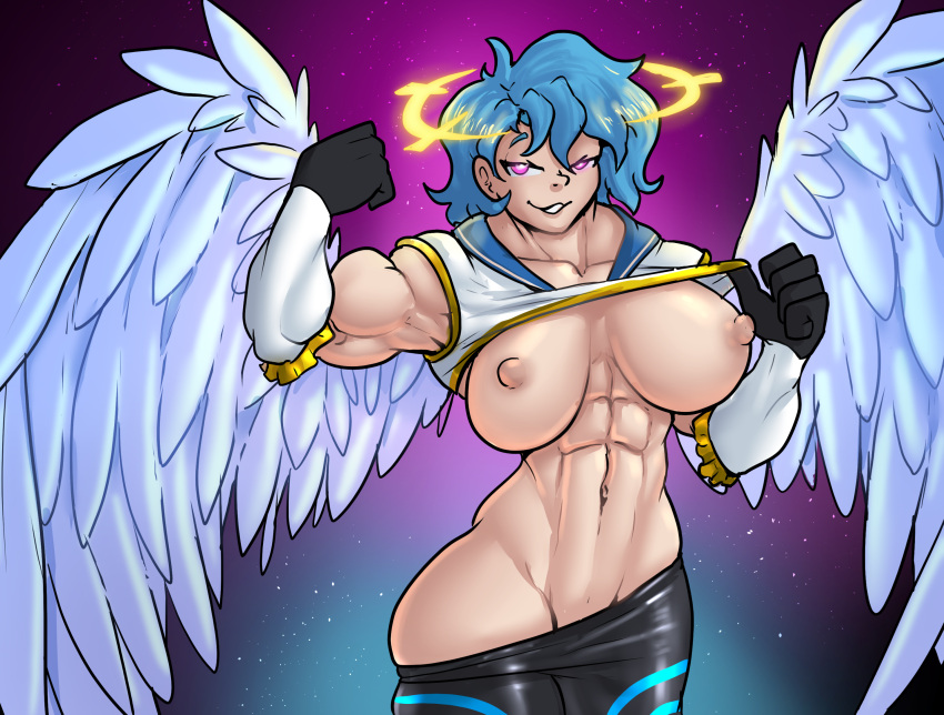 1girls aballon_(mrmelted) abs angel angel_wings areolae art_trade biceps big_breasts blue_hair breasts breasts_out busty clothing feathers female female_only flashing halo huge_breasts large_breasts looking_at_viewer midas-bust muscular muscular_female nipples original pants_down png showing_off smile solo thick_thighs thunder_thighs top_lift wide_hips wings