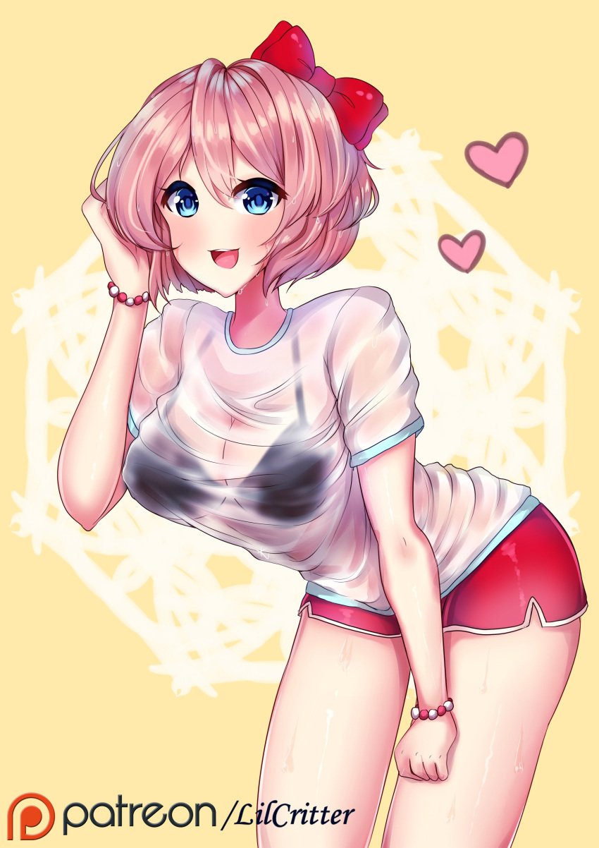 1female 1girls black_bra blue_eyes bow bra bracelet breasts cleavage critterpunk doki_doki_literature_club female girl hair_bow hairbow heart hearts lilcritter patreon_logo patreon_url patreon_username red_bow red_hair_bow red_hairbow red_shorts sayori_(doki_doki_literature_club) see-through see-through_clothing shorts side_slit strawberry_blonde_hair url yoga_shorts