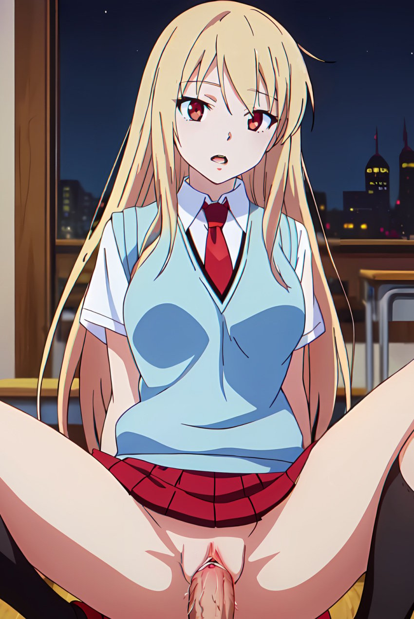 1boy 1girls ai_generated anime anime_style blonde_hair bondage classroom cowgirl_position eye_contact female long_hair pov ranwai red_eyes sakura-sou_no_pet_na_kanojo school_uniform schoolgirl sex shiina_mashiro socks squatting squatting_cowgirl_position stable_diffusion teenager vaginal_penetration