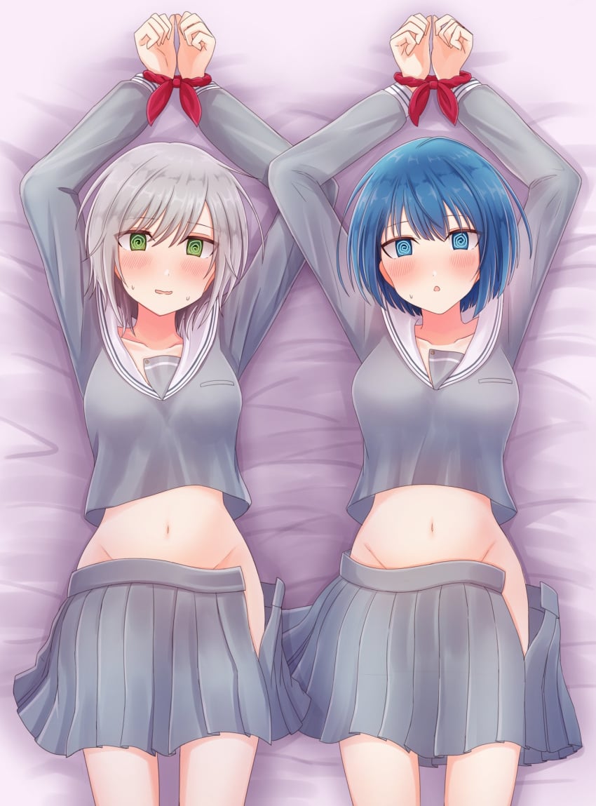 2girls bed blue_eyes blue_hair blush bondage dizzy gray_hair green_eyes hiding_pussy hinomori_shiho kiritani_haruka miyamasuzaka_girls'_academy_school_uniform multiple_girls school_uniform sweatdrop tied_hands yuri