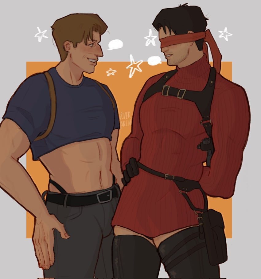 2d 2d_(artwork) 2d_artwork ada_wong_(cosplay) black_hair blushing bromance brown_eyes brown_hair first_porn_of_artist first_post_of_artist friends friendship johnny_cage kenshi_takahashi leon_scott_kennedy_(cosplay) looking_each_other male/male male_focus male_only mortal_kombat mortal_kombat_1_(2023) netherrealm_studios playful riverskln_(artist)