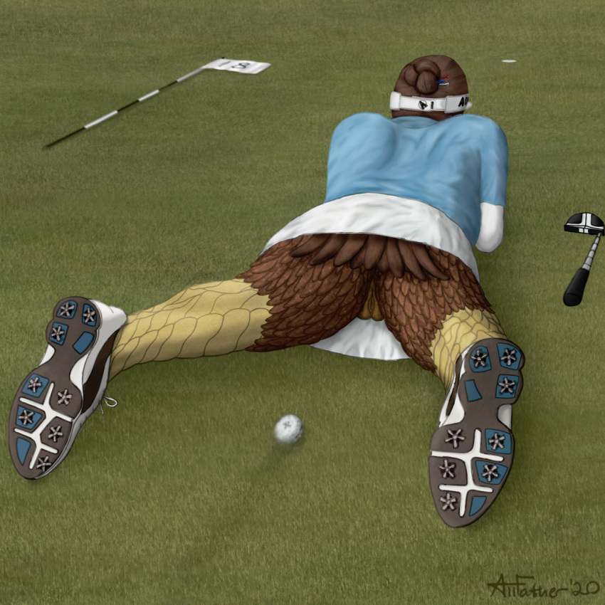 1:1 2020 accipitrid accipitriform allfather anthro avian bird digital_media_(artwork) eagle feathers female genitals golf grass hi_res lying outside pussy solo