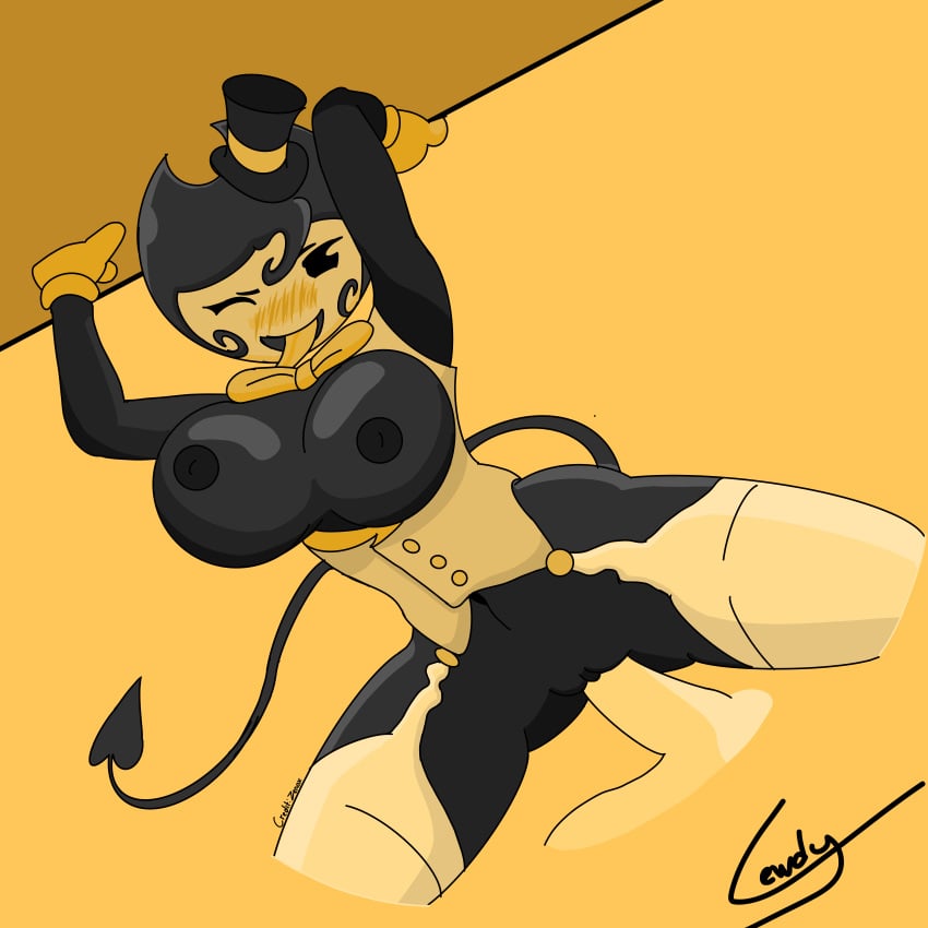 anthro bendy bendy_and_the_ink_machine bendy_fem blush breasts leggings lewdy semi_nude table tongue_out tophat vest zenox_(bendina)