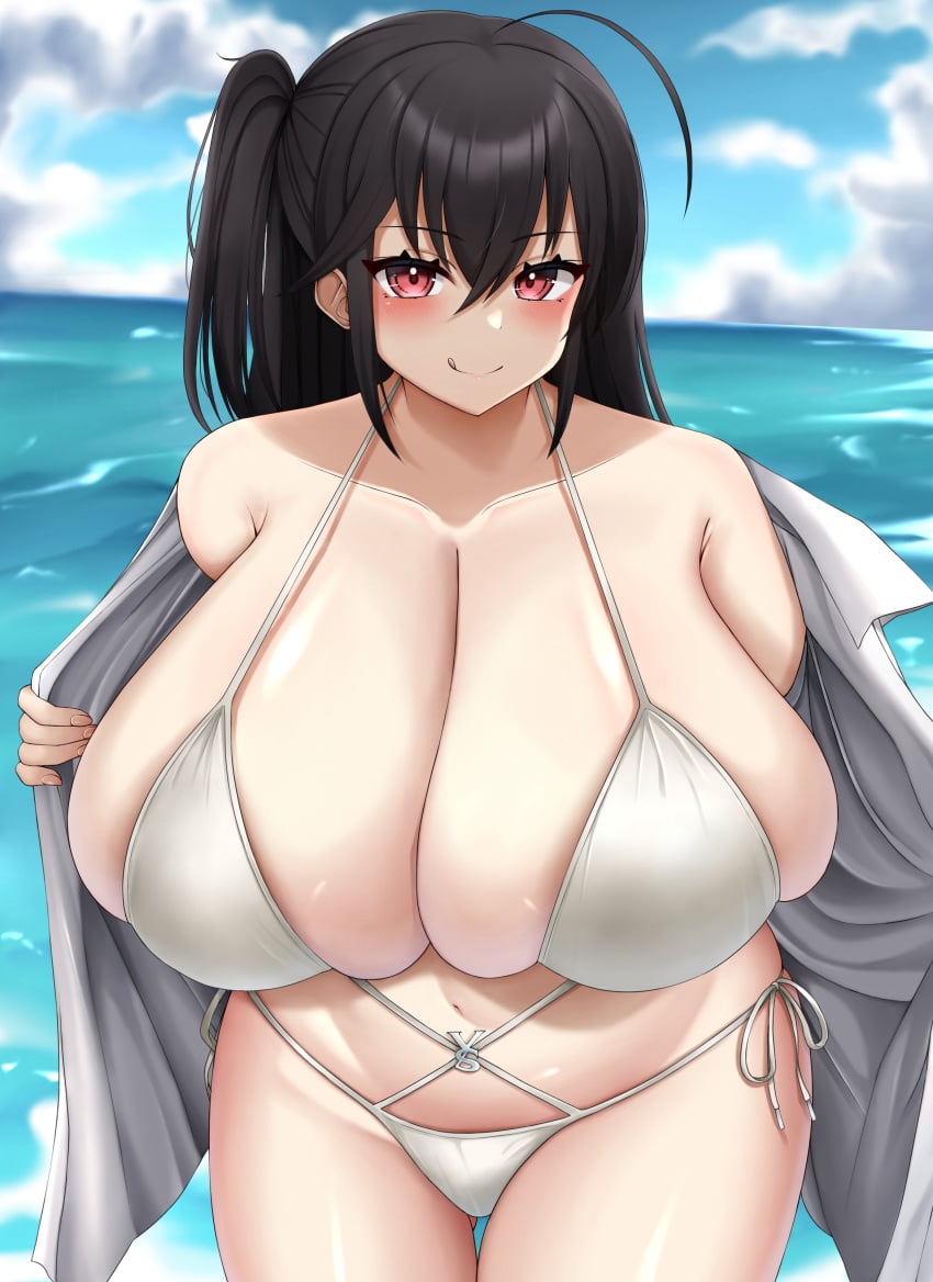 1girls :q absurdres ahoge ass_visible_through_thighs azur_lane bikini black_hair blush breasts bursting_breasts cloud cloudy_sky female gigantic_breasts hair_between_eyes highres jacket light-skinned_female light_skin long_hair ocean official_alternate_costume open_clothes open_jacket red_eyes sakura_empire_(azur_lane) side-tie_bikini_bottom side_ponytail sky solo swi taihou_(azur_lane) taihou_(seaside_daydreams)_(azur_lane) zawashi_(zawashio1013)