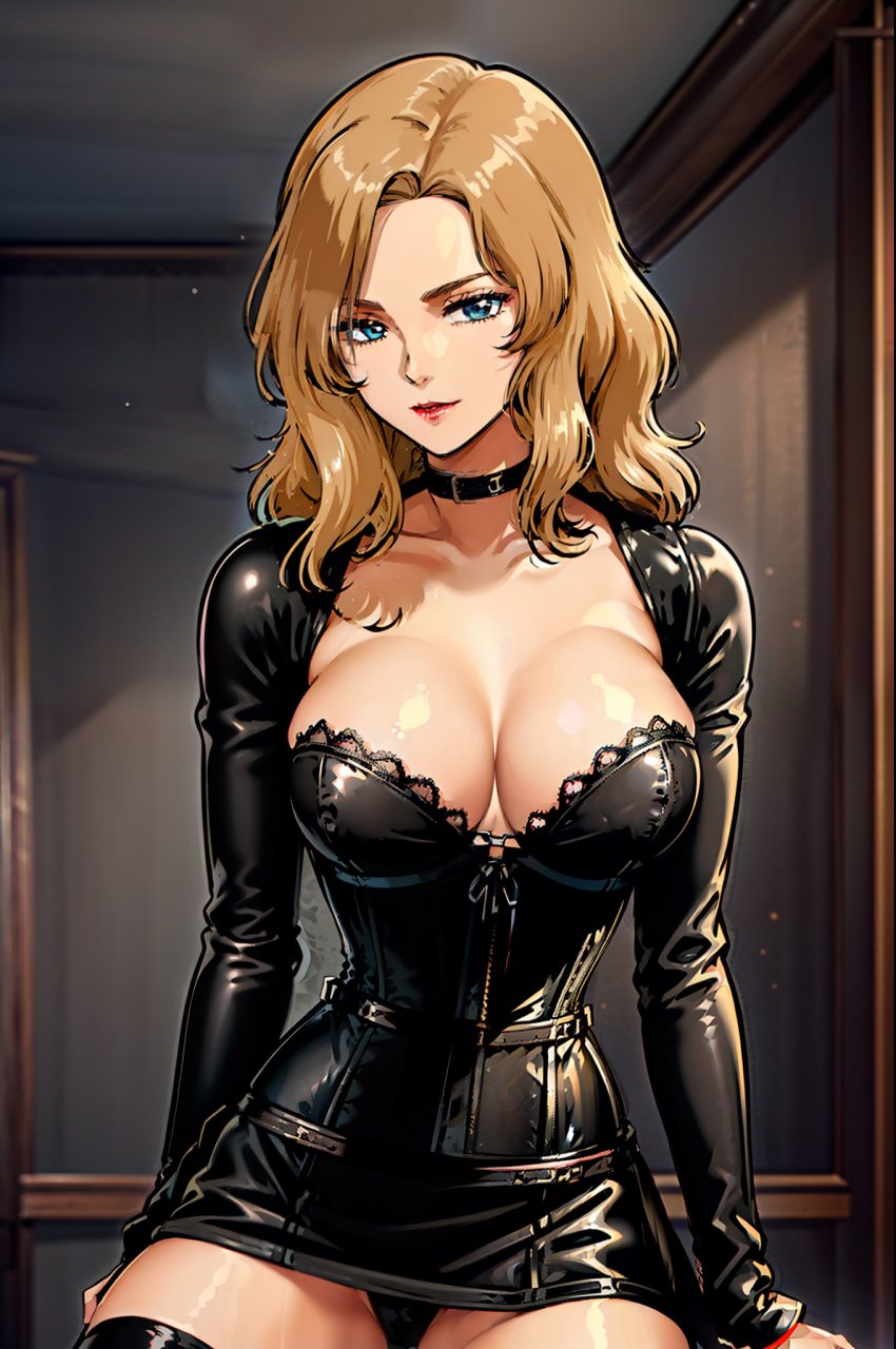 1girls ai_generated blonde_hair blue_eyes breasts char's_counterattack cleavage female female_focus female_only femdom gundam ktsm leather leather_clothing leather_dress long_hair looking_at_viewer nai_diffusion nanai_miguel older_female panties pov red_lipstick solo solo_female solo_focus stable_diffusion thighs