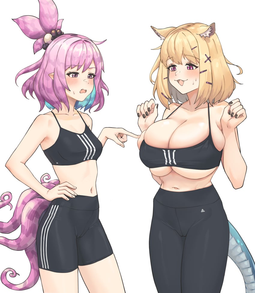 2girls :3 animal_ears arknights barefoot belly big_breasts black_nails blonde_hair blush breast_envy breast_size_difference cameltoe cleavage collarbone embarrassed eyelashes female female_only hairclip hand_on_hip hands_up highres huge_breasts kemonomimi kirara_(arknights) large_breasts light-skinned_female magenta_hair medium_support_(meme) meme multicolored_hair multiple_girls multiple_tails nail_polish navel open_mouth pink_hair pointy_ears poking poking_breasts purple_hair radioneet ready_to_pop short_hair shorts small_breasts sports_bra sportswear standing stomach sweatdrop tail tails topwear utage_(arknights) waist wavy_mouth white_background yoga_pants