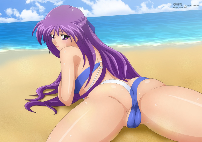 1girls 2017 ass beach big_breasts blue_hair breasts butt_crack cameltoe curvaceous dirty_pair dirty_pair_flash female human large_breasts light-skinned_female light_skin long_hair looking_at_viewer lying ocean open_mouth purple_hair pussy_visible_through_clothes smile swimsuit thick_thighs wide_hips yuri_(dirty_pair) zel-sama