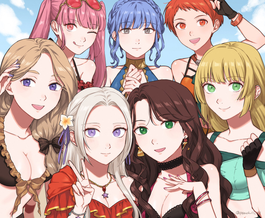 6+girls :d :q anime anime_style artist_name bare_shoulders bikini black_gloves blonde_hair blue_bikini blue_hair blue_sky blunt_bangs blush bracelet braid breasts brown_bikini brown_hair casual_one-piece_swimsuit choker cleavage closed_mouth cloud collarbone commentary crown_braid dorothea_arnault dorothea_arnault_(summer) earrings edelgard_von_hresvelg edelgard_von_hresvelg_(summer) eyewear_on_head fingerless_gloves fire_emblem fire_emblem:_three_houses fire_emblem_heroes flower frilled_bikini frilled_one-piece_swimsuit frills gloves green_eyes grey_eyes hair_flower hair_ornament hair_over_shoulder highres hilda_valentine_goneril hilda_valentine_goneril_(summer) ingrid_brandl_galatea ingrid_brandl_galatea_(summer) jewelry leonie_pinelli leonie_pinelli_(summer) long_hair looking_at_viewer marianne_von_edmund marianne_von_edmund_(summer) medium_breasts mercedes_von_martritz mercedes_von_martritz_(summer) multiple_girls nail_polish official_alternate_costume one-piece_swimsuit one_eye_closed open_mouth orange_hair peach11_01 pink_eyes pink_hair pink_nails purple_eyes purple_nails red_one-piece_swimsuit short_hair sky smile swept_bangs swimsuit symbol-only_commentary tongue tongue_out twitter_username v white_flower white_hair