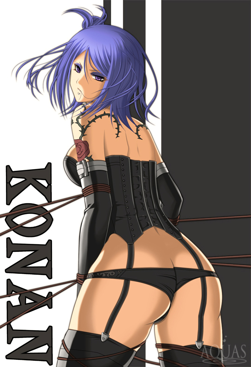 absurdres aquas_(artist) artist_name ass ass_cleavage bangs bare_shoulders black_corset black_gloves black_legwear black_panties blue_hair bondage bound bustier butt_crack character_name corset corset_bra elbow_gloves eyeshadow female garter_straps gloves hair_in_mouth highres konan labret_piercing looking_at_viewer looking_back lowleg lowleg_panties makeup naruto naruto_shippuden panties purple_eyes resized rope rose_tattoo solo tattoo thighhighs underwear upscaled waifu2x