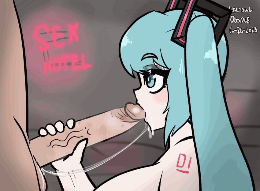 animated blush cyan_eyes cyan_hair female haloowl hatsune_miku hi_res huge_breasts looking_at_another masturbation penis sucking_penis twintails vocaloid