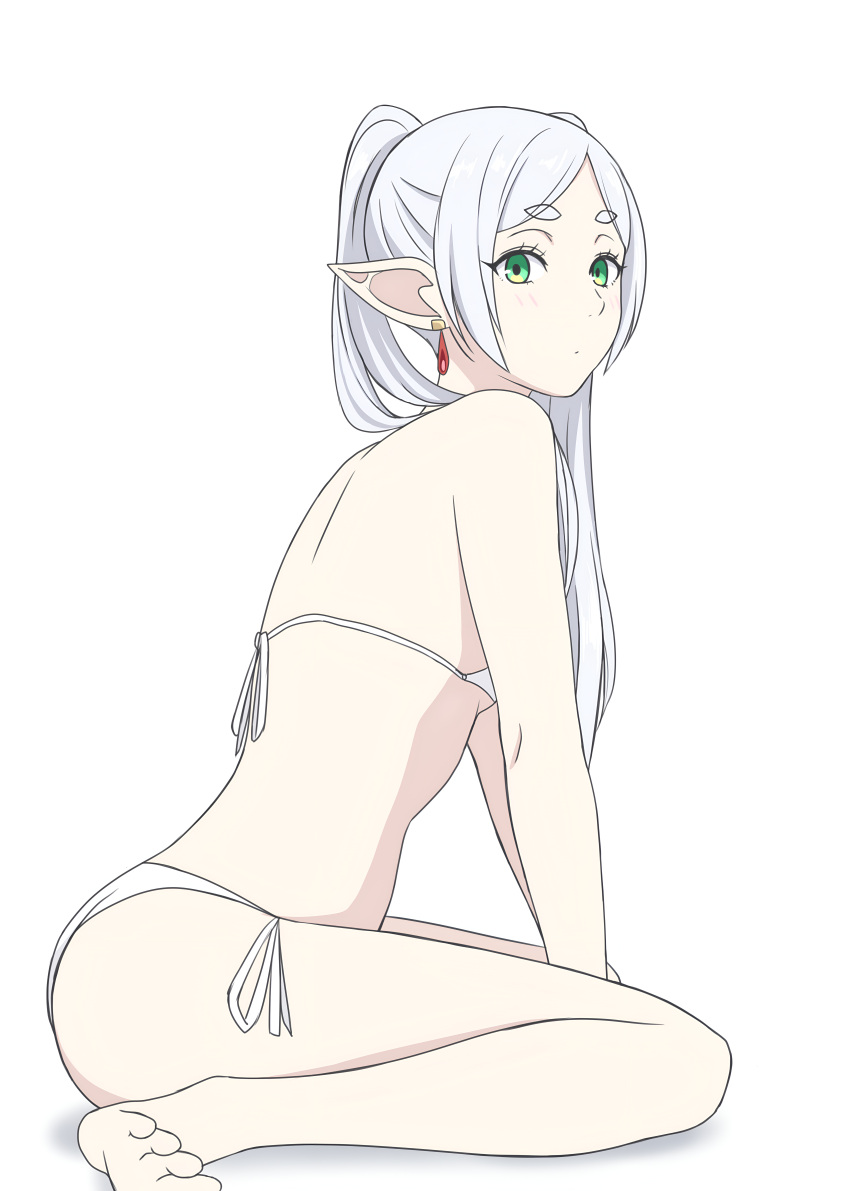 1girls ass bikini dot_mouth earrings elf elf_ears eyebrows eyebrows_visible_through_hair feet female female_only frieren green_eyes long_hair pale_skin red_earrings simple_background sitting small_breasts solo sousou_no_frieren toes twintails white_background white_bikini white_hair