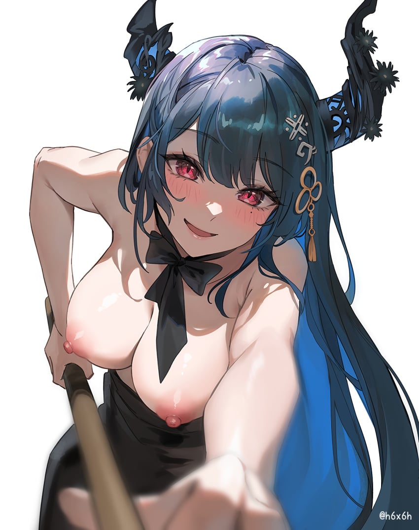 1991_(blz) 1girls areolae asymmetrical_horns bare_shoulders big_breasts blue_hair blush bowtie breasts breasts_out depth_of_field dress exposed_breasts female female_only grin hair_accessory half-closed_eyes highres holding_cue_stick hololive hololive_english hololive_english_-advent- horns light-skinned_female long_hair looking_at_viewer mole mole_under_eye nerissa_ravencroft nipples no_bra no_teeth open_mouth red_eyes smile solo virtual_youtuber white_background