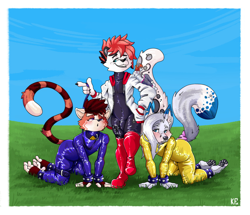 absurd_res anthro blush boots bracelet canid canine clothing collar felid footwear fox grass group haplorhine hi_res jewelry katxfish latex latex_clothing latex_skinsuit leash leash_pull leashed_collar male male/male mammal monkey outside pantherine pawpads paws plant primate public raised_tail shy skinsuit snow_leopard spiked_bracelet spikes submissive tail tight_clothing trio