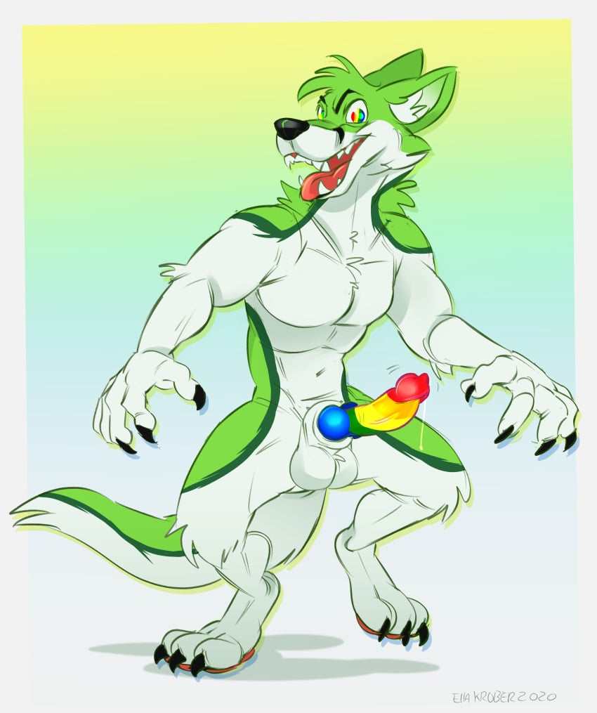 absurd_res anthro ball_markings balls black_body black_claws black_fur black_nose bodily_fluids canid canine claws clothing digital_media_(artwork) digitigrade emufur erection fangs fidget_the_fox fox fur genital_fluids genital_markings genitals green_body green_fur hair hi_res inner_ear_fluff knot lgbt_pride_colors male male_only mammal markings multicolored_eyes multicolored_penis nude open_mouth pawpads paws penis pink_pawpads pride_colors rainbow rainbow_eyes rainbow_penis red_tongue simple_background smile solo teeth toes tongue tuft were werecanid werecanine werefox white_body white_fur wilde95