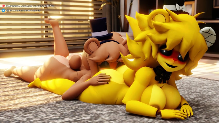 anal animatronic anthro ass bear big_breasts big_butt blinds blush bow_ribbon breasts clothing duo eyeshadow female female/female five_nights_at_freddy's freddy_(fnaf) fredina_(cally3d) frenni_fazclaire ghost golden_freddy_(fnaf) golden_fredina_(cally3d) hat headgear headwear hi_res machine makeup mammal nude oral rimming robot scottgames sex silver2299 spirit top_hat type_0 yuri