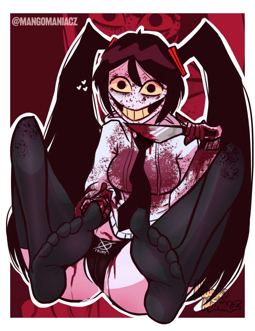 aged_up black_hair black_stockings black_underwear blood blood_on_face bloody_clothes bloody_knife crazy_eyes crazy_smile creepypasta dripping dripping_pussy dripping_wet feet feet_focus feet_up female female_only hatsune_miku horror jeff_the_killer knife long_hair mangomaniacz meme miku_the_killer pale_skin pin_up smile stockings sweatshirt tie tied_hair trend twintails underwear vocaloid yellow yellow_teeth