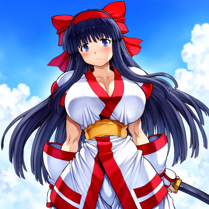 1girls ainu_clothes big_breasts blue_eyes blue_hair busty cleavage female female_only hi_res king_of_fighters large_breasts legs looking_at_viewer nakoruru pants samurai_shodown smile snk thighs voluptuous weapon