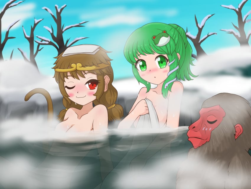 1other 2girls bathhouse bathing brown_hair convenient_censoring covering_breasts frog_hair_ornament green_eyes green_hair hotsprings japanese_macaque kochiya_sanae looking_at_viewer monkey monkey_girl monkey_tail onsen red_eyes red_face relaxing sanae_kochiya snake_hair_ornament snow son_biten steam suicarus sweat touhou towel trees wink winking_at_viewer winter