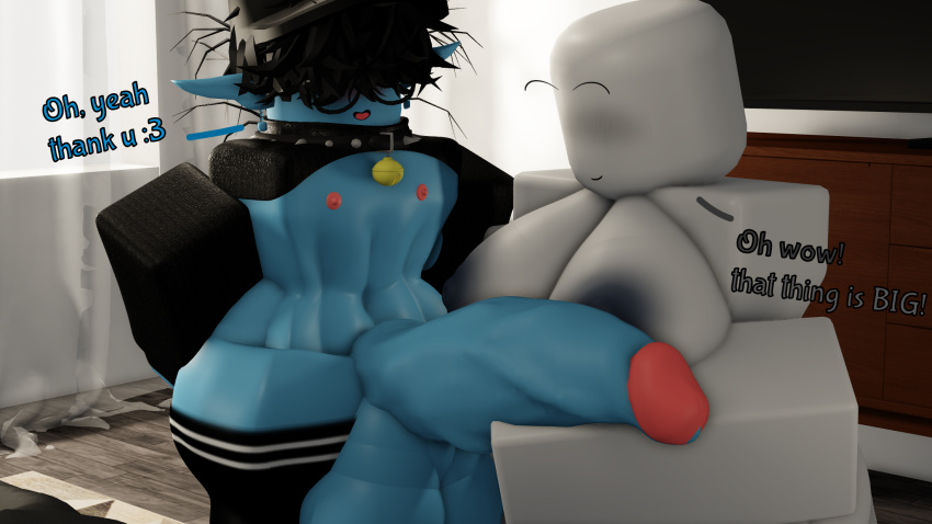 3d anon anonymous_female areolae balls blue_skin breasts dark_hair dialogue english_text femboy femboy_on_female goblin grey_skin huge_balls huge_cock hyper hyper_penis lauxdmn nipples penis roblox robloxian self_upload text thick_thighs thighs