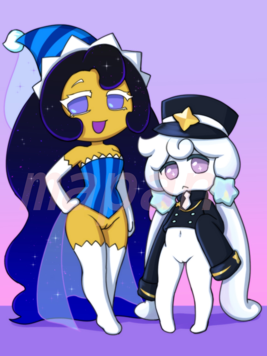 blue_eyes cookie_run cookie_run_kingdom cookie_run_ovenbreak duo duo_female duo_focus edit edited edited_image edited_screencap female female_focus female_only milkyway_cookie moonlight_cookie no_panties purple_eyes stolen_art vermelhatan