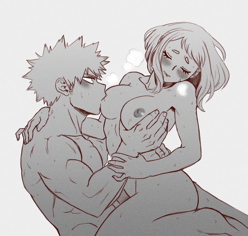 1boy 1boy1girl 1girls breast_sucking cowgirl_position deb_amm debby-san katsuki_bakugou lotus_position my_hero_academia ochako_uraraka straight sweating vaginal_penetration