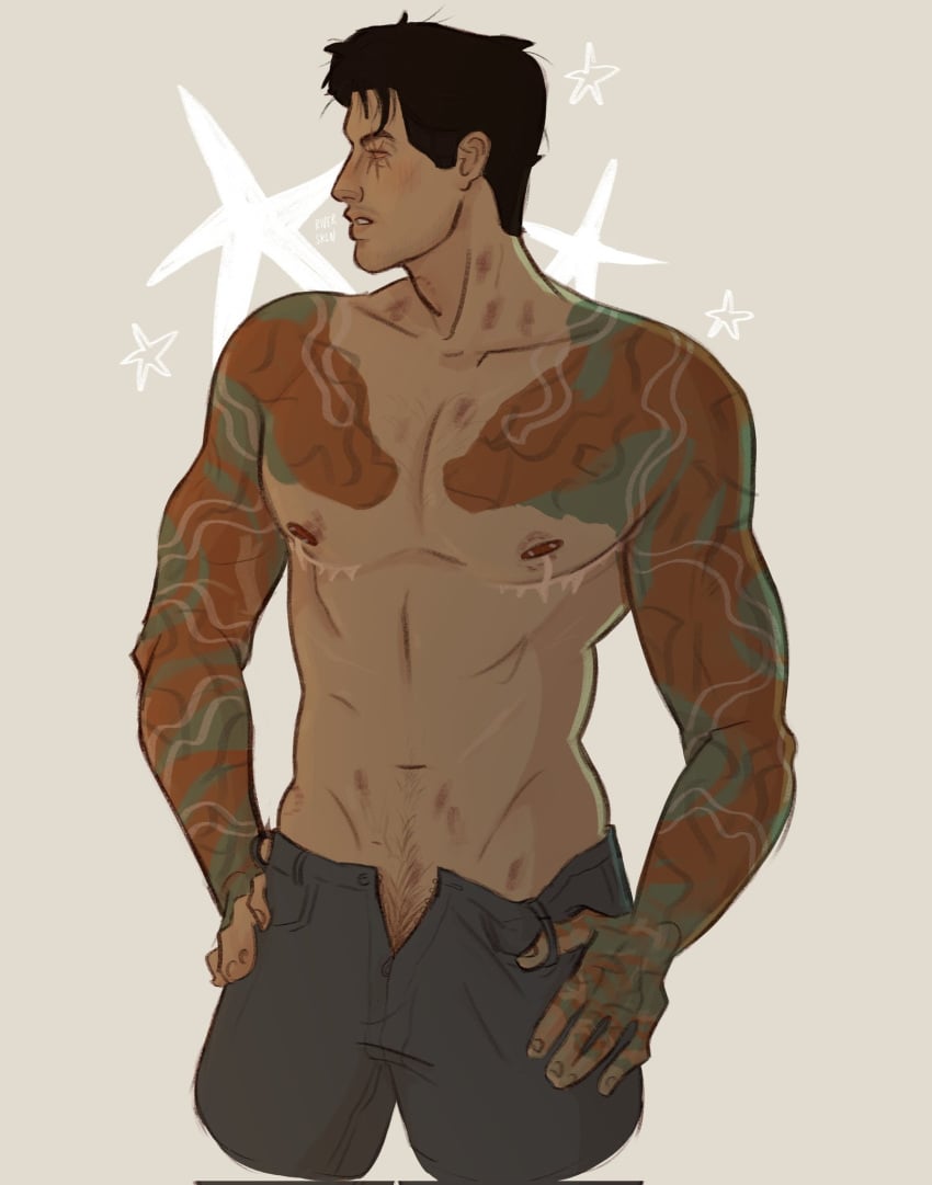 2d 2d_(artwork) 2d_artwork blind happy_trail irezumi kenshi_takahashi male male_only mortal_kombat mortal_kombat_1_(2023) muscular netherrealm_studios no_eyes riverskln_(artist) solo tattoo_on_arm tattoo_on_chest tattooed_arm tattoos top_surgery_scars unzipped unzipped_pants