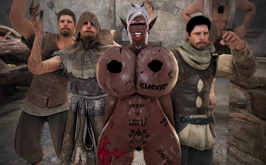 3d bdo bimbo black_desert_online body_writing censored censored_eyes censored_nipples censored_pussy cow_tits cumdumpster dark_elf degradation elf elves huge_breasts humiliation onahole screenshot tattoo tattoos