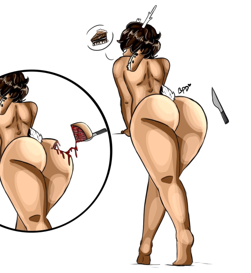 1boy animal_characteristics animal_ears animal_humanoid animal_tail ass big_ass big_butt big_thighs bipolarizeddragon blood bubble_butt cake chubby dark_skin deer femboy food furry gore guro knife knifeplay masochism solo solo_male thick_thighs thighs willow willow_milos