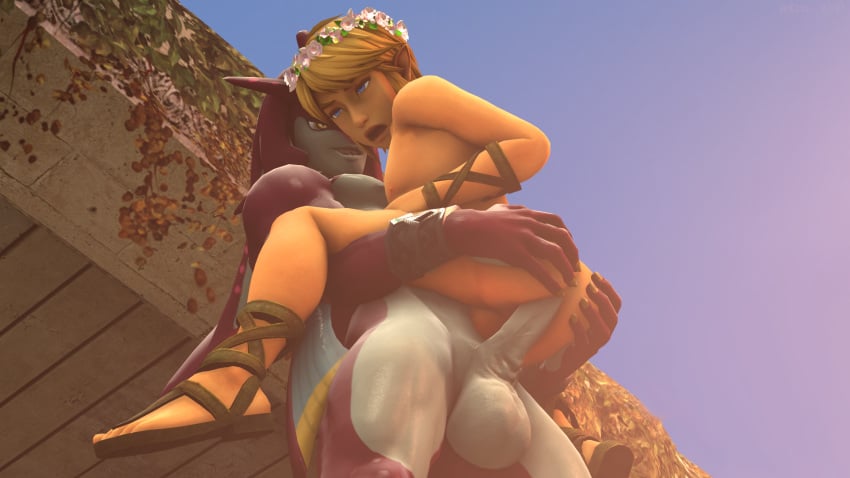 2boys 3d anal_insertion anal_sex blonde_hair breath_of_the_wild femboy flower_in_hair gay gay_domination girly hyrule_warriors interspecies kiss_axe light-skinned_male link link_(hyrule_warriors) open_toe_shoes postman_link sandals sidon sidon_(zelda) sunlight the_legend_of_zelda warm_colors wet yaoi