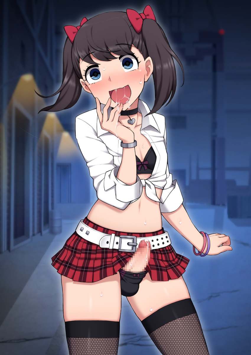 1boy 1femboy artist_cg ayu/ayumu_shiratori balls_in_panties belt black_hair bra censored crossdressing erection exhibitionism femboy feminine_male hair_ribbon josou_mesu_ochi_fuuki_iin_kiyoku_tadashii_mohansei_ga_inran_bitch_ni_ochiru_made looking_at_viewer male male_only microskirt mosaic_censoring panties penis penis_under_skirt plaid_skirt pleated_skirt precum skirt smile solo standing trap twintails wataya_2