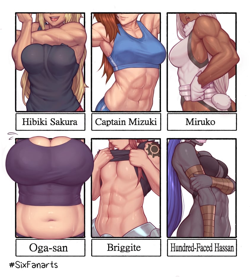 2d 6girls abs absurdres asura_(artist) big_breasts breasts brigitte captain_mizuki chubby cleavage crossover dark-skinned_female dark_skin dumbbell_nan_kilo_moteru? elf-san_wa_yaserarenai fate/zero fate_(series) female female_only highres huge_breasts hundred_face_hassan large_breasts miruko muscles muscular muscular_female my_hero_academia oga one-punch_man overwatch rumi_usagiyama sakura_hibiki_(dumbbell_nan_kilo_moteru?) shirt_lift six_fanarts_challenge sweat