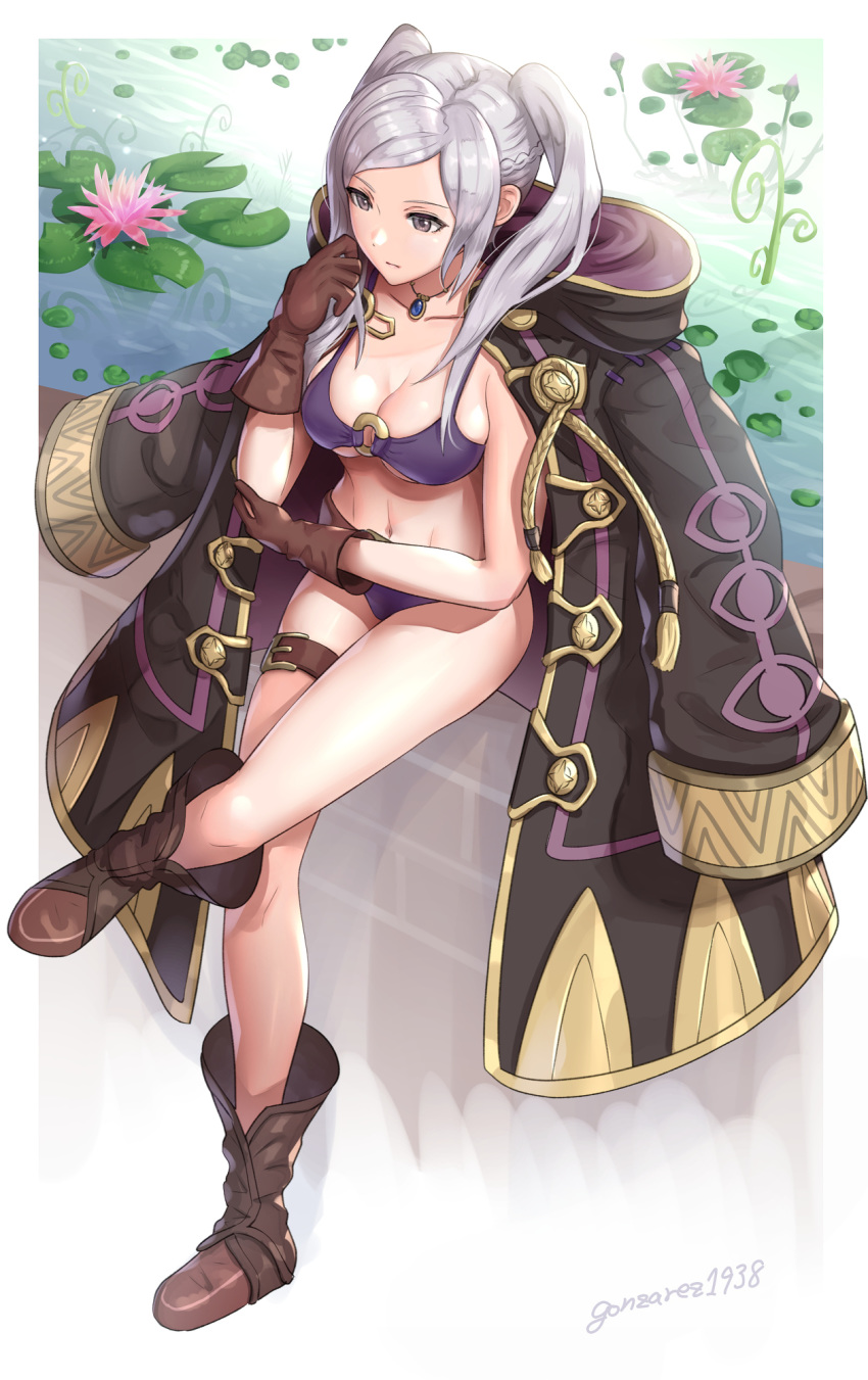 1girls bare_legs big_breasts bikini boots breasts brown_eyes brown_footwear brown_gloves cleavage coat coat_on_shoulders crossed_legs female female_protagonist fire_emblem fire_emblem_awakening fire_emblem_heroes gloves gonzarez gonzarez1938 highres jewelry large_breasts lily_pad navel necklace nintendo purple_bikini purple_swimsuit robin_(fire_emblem) robin_(fire_emblem)_(female) silver_hair sitting solo stomach swimsuit thigh_strap twintails water white_hair