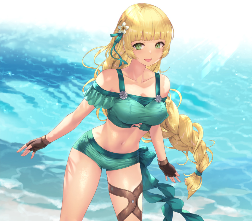 1girls bikini bikini_shorts blonde_hair braid braided_hair braided_ponytail breasts cait female fire_emblem fire_emblem:_three_houses fire_emblem_heroes flower flower_in_hair green_bikini green_eyes green_swimsuit hair_flower hair_ornament hair_ribbon ingrid_brandl_galatea ingrid_brandl_galatea_(summer) large_breasts long_hair nintendo ocean ribbon solo swimsuit thighs white_flower