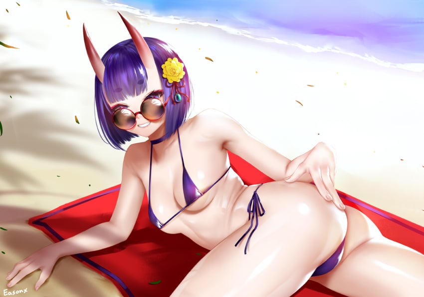 1girls alternate_version_available ass beach bikini breasts cleavage dat_ass easonx fate/grand_order fate_(series) female female_only looking_at_viewer looking_back shuten_douji_(fate) solo thong thong_bikini