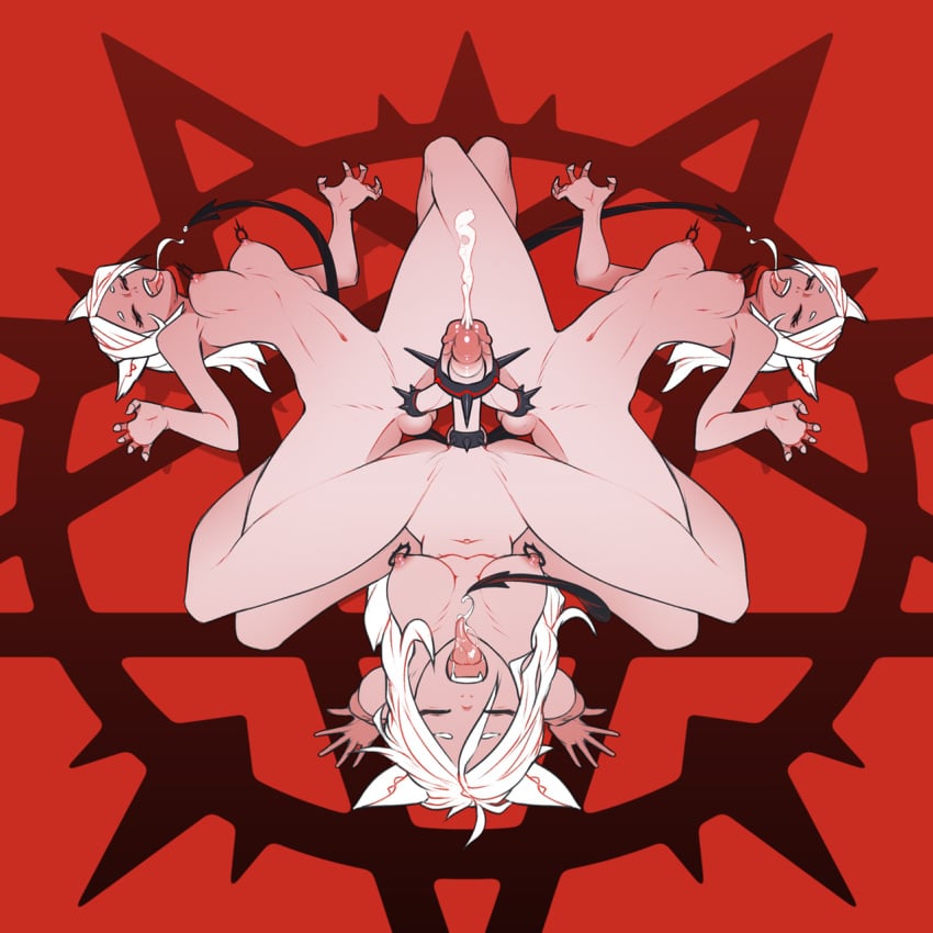 3futas animal_ears breasts cerberus_(helltaker) closed_eyes cock_ring cum demon demon_girl demon_horns demon_tail dog_ears ejaculation erection eyes_closed frottage futa_only futanari hands-free handsfree_ejaculation helltaker highres long_hair medium_breasts multiple_futa nipple_piercing nipples nude open_mouth penis penises_touching pentagram piercing projectile_cum red_background spiked_cock_ring tail tailbox testicles tongue tongue_out triplets uncensored white_hair xbost