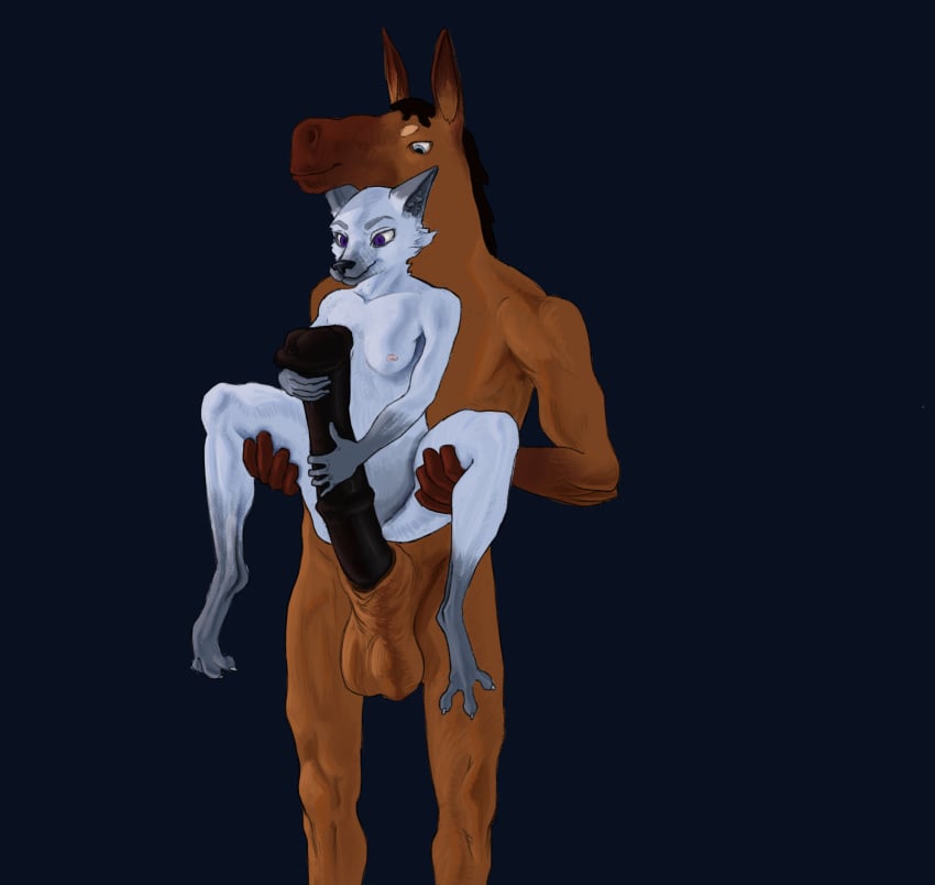 animal_genitalia animal_penis anthro balls big_penis breasts canid canine duo equid equine equine_penis erection female fox genitals handjob hi_res horse male mammal nipples nude penile penis sex simple_background slugnar stand_and_carry_position standing standing_sex straight