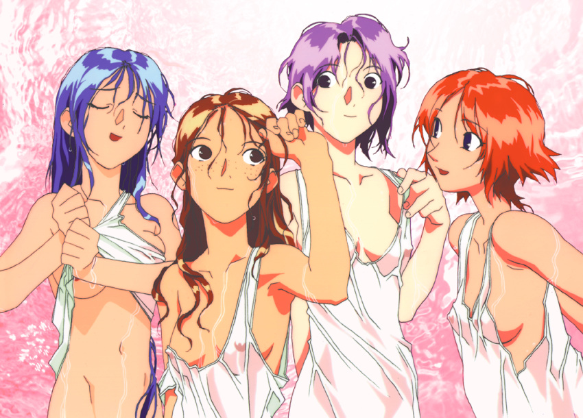 4girls 90s annue_(viper) areola_slip areolae armpits betty_(viper) blue_eyes blue_hair breasts brown_eyes brown_hair camisole cleavage closed_eyes clothing crea_(viper) daniel_(viper) dress erect_nipples erect_nipples_under_clothes eye_contact eyebrows_visible_through_hair female female_only freckles highres long_hair looking_at_another looking_at_each_other loose_clothes matching_hair/eyes matsutake_tokuyuki medium_breasts multiple_girls navel nipple_bulge nipples_visible_through_clothing official_art open_mouth pink_background purple_eyes purple_hair red_hair see-through see-through_clothing short_hair sideboob sleeveless small_breasts smile sogna standing tank_top underboob upper_body viper_(series) viper_v8 water wet wet_clothes wet_hair white_dress