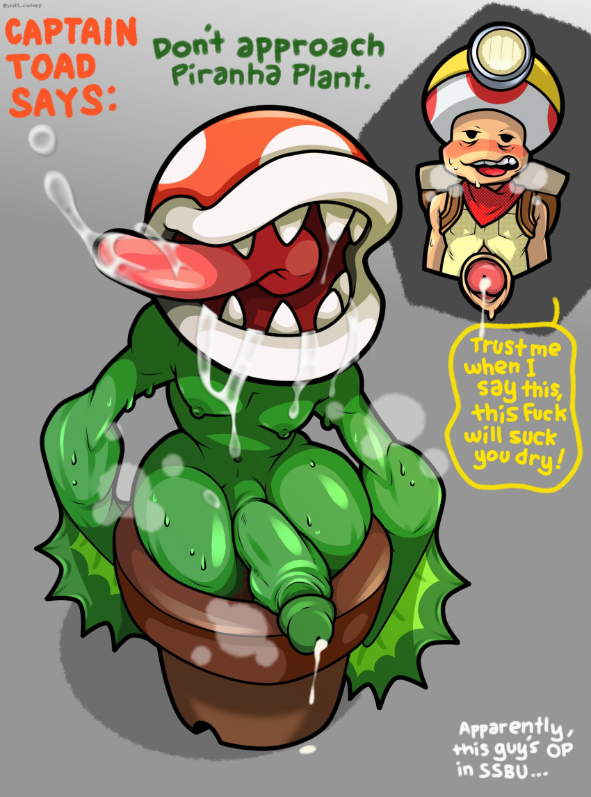 anthro balls blush bodily_fluids captain_toad captain_toad_treasure_tracker cum drooling duo elemental_creature flora_fauna gay genital_fluids genitals hi_res male male/male male_only mario_(series) nintendo nipples penis piranha_plant plant saliva shirt_(artist) super_smash_bros. toad_(mario) tongue tongue_out video_games