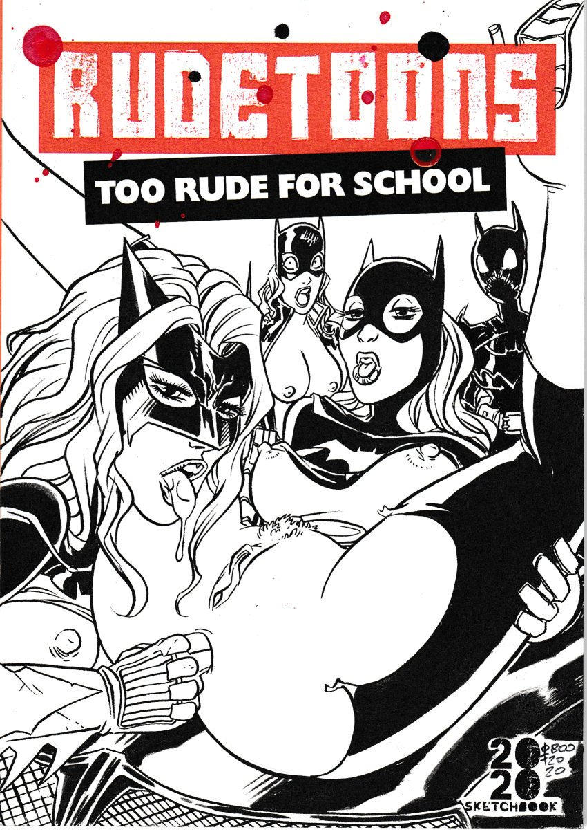 2020 4girls ass barbara_gordon batgirl batgirl_(cassandra_cain) batgirl_(stephanie_brown) batman_(series) batwoman being_watched black_and_white breasts cassandra_cain cover dc dc_comics drool exposed_breasts eyelashes fingering fingering_ass kate_kane lesbian looking_at_viewer monochrome nipples open_mouth pleasure_face pubic_hair pussy rudetoons shirt_lift shocked superheroine white_background yuri