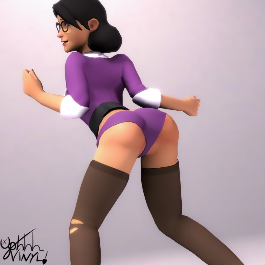 3d ass belt big_breasts big_butt black_hair breasts clothed clothing female glasses hair_pin miss_pauling mostly_clothed pale_skin panties shirt source_filmmaker stockings team_fortress_2 thick_thighs thighhighs ughhh..._vinyl! underwear wide_hips