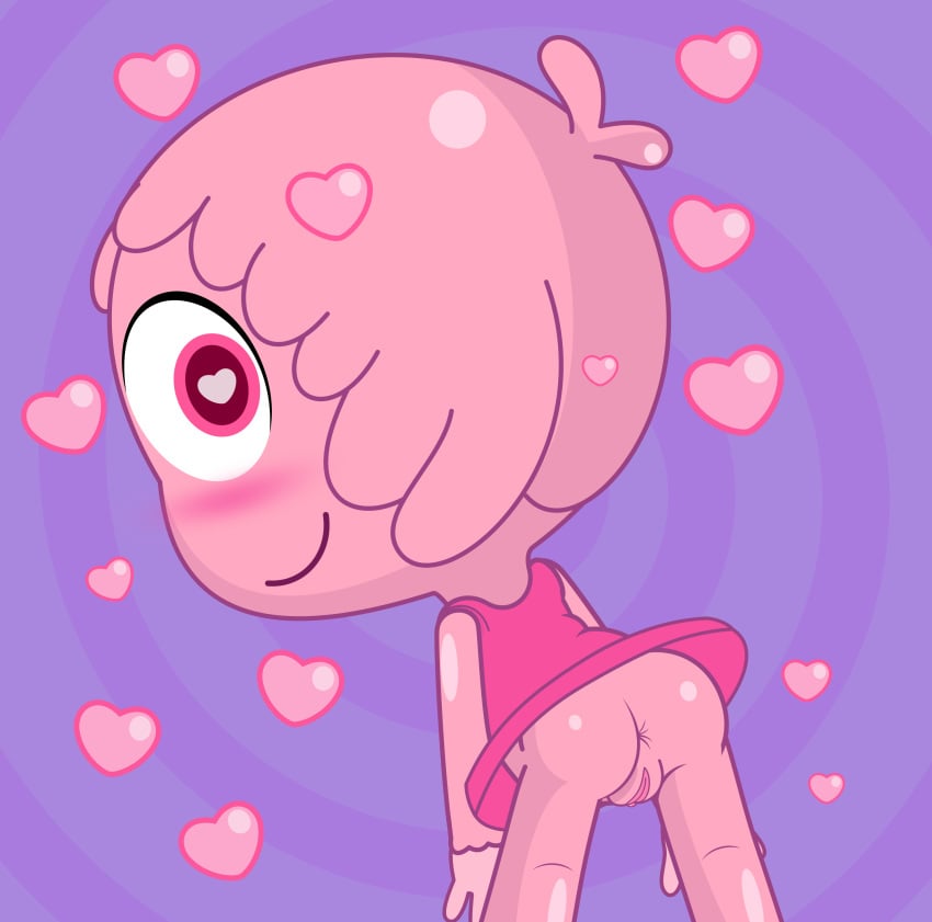 1girls anus ass blush cleft_of_venus damasco25 discovery_kids female female_focus heart heart-shaped_pupils jelly_jamm looking_back mammal no_panties pink_dress pink_eyes pink_hair purple_background rita_(jelly_jamm) short_hair smile