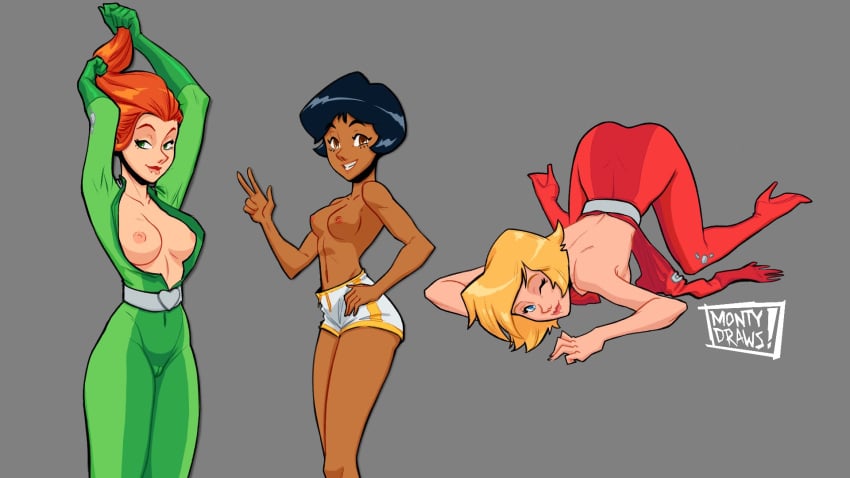 3girls alex_(totally_spies) ass belt belt_buckle black_hair blonde_hair blue_eyes bodysuit boots breasts breasts_out brown_eyes casual clothing clover_(totally_spies) dark_skin exposed_breasts face_down_ass_up female green_eyes group heart-shaped_buckle heart_buckle heel_boots human long_hair montydraws multiple_girls orange_hair pale_skin red_hair sam_(totally_spies) short_hair top-down_bottom-up topless totally_spies trio