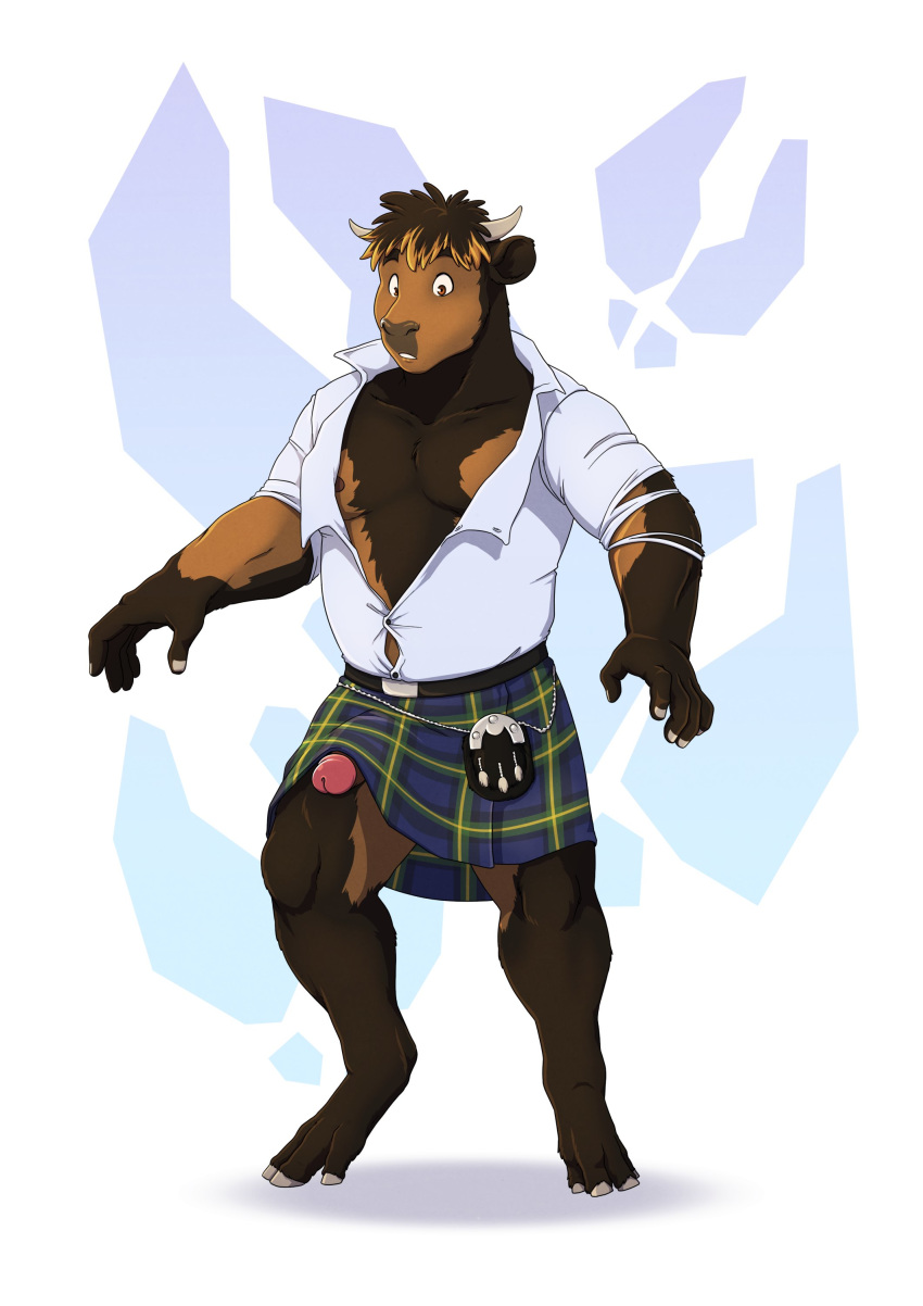 absurd_res anthro bovid bovine brown_body brown_fur cattle clothing erection fur genitals growth hair hi_res highland_cattle horn kilt male male_only mammal muscle_growth musclegut muscular muscular_anthro muscular_male penis poking_out solo species_transformation transformation wardrobe_malfunction weight_gain zhaqez