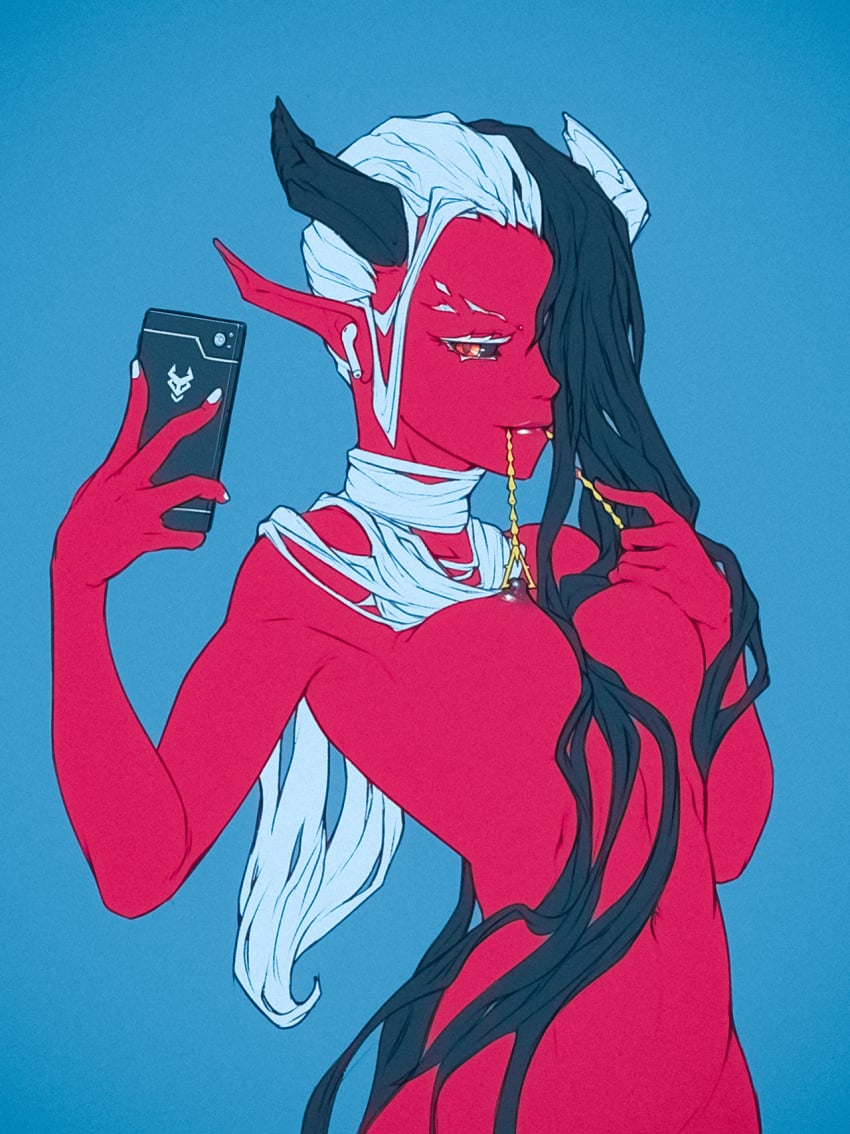 1girls airpods between_breasts black_hair black_sclera blue_background breasts cellphone closed_mouth demon_girl demon_horns female film_grain hair_between_breasts hair_over_one_eye highres holding holding_phone horns long_hair multicolored multicolored_hair navel nipple_piercing nipples orange_eyes original original_character phone piercing pointy_ears red_skin selfie simple_background smile solo succubus tailbox very_long_hair white_hair white_nails xbost