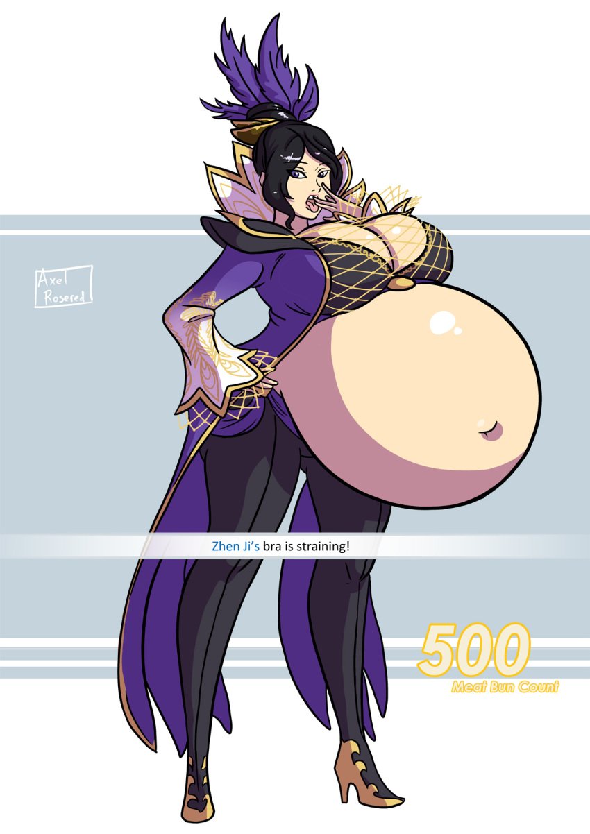 axel-rosered big_breasts black_hair black_pants bra dynasty_warriors english_text female high_heels huge_belly navel open_mouth purple_eyes simple_background stuffing tagme tongue_out zhen_ji