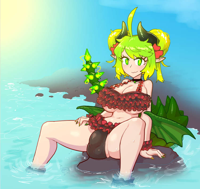 1futa :3 ahoge alleria_(katz) alleria_mcgesitte big_breasts big_penis bikini bulge cameltail clothed clothing detailed_background electricity futa_only futanari green_eyes green_hair hair hair_ornament horn horns humanoid long_ears looking_at_viewer monster monster_girl navel original pale_skin sitting solo solo_futa spread_legs spreading sweat tail thetenk underboob water wings