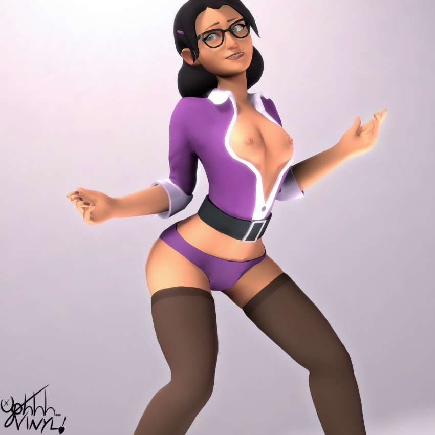 belt big_breasts big_butt black_hair braless breasts clothed clothing glasses hair_pin miss_pauling mostly_clothed nipples no_bra pale_skin panties shirt source_filmmaker stockings team_fortress_2 thick_thighs thighhighs ughhh..._vinyl! wide_hips