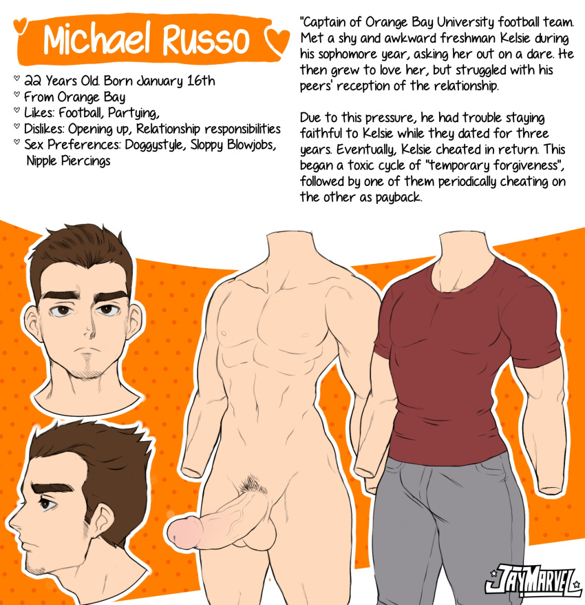 1boy abs balls big_penis brown_eyes brown_hair carmen_and_kelsie character_sheet circumcised erect_penis erection front_view goatee information jay-marvel large_penis light-skinned_male light_skin male male_only michael_russo muscles muscular_male naked original original_character profile_view pubic_hair reference_sheet side_view testicles three-quarter_view